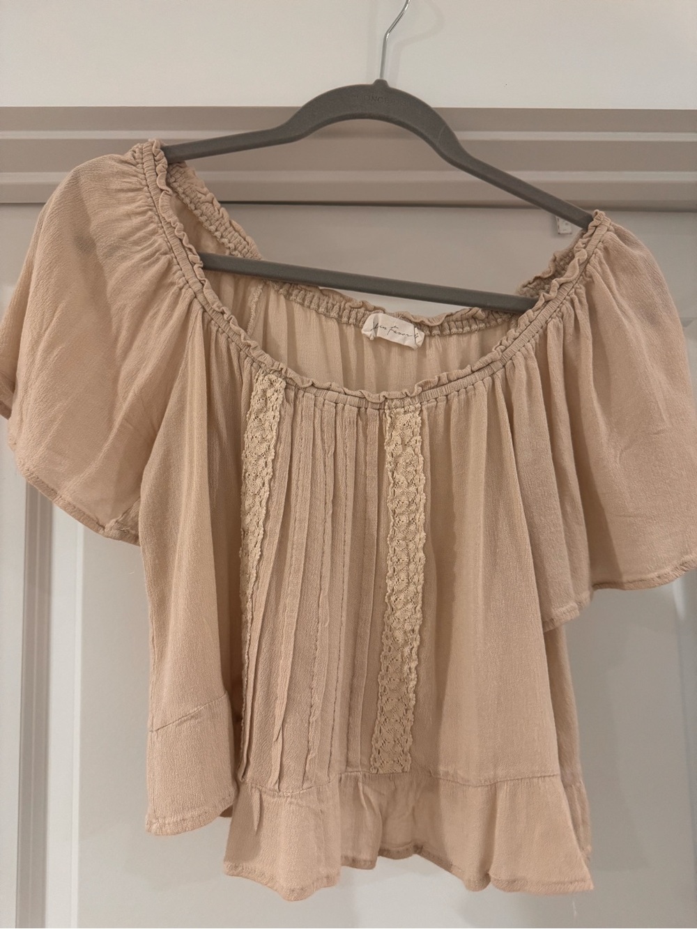 All In Favor- Women's Beige Peasant Top with Lace Trim